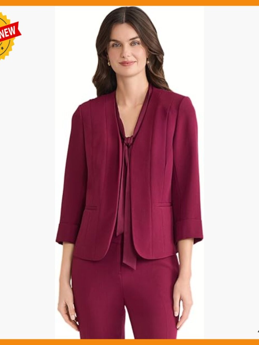 Stretch Open-Front Blazer, 3/4 Cuffed Sleeves, Professional Workwear, Tailored